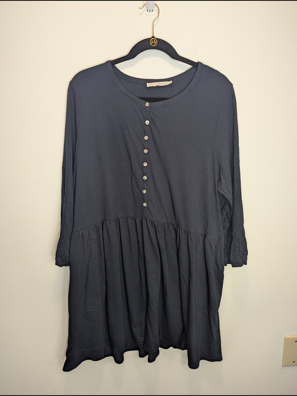 Peruvian Connection Women Cotton Tunic Shirt Navy Blue Large Bohemian Minimalist